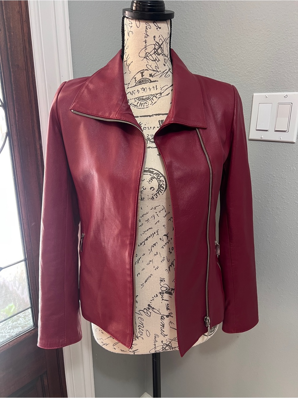 M Firenze Italy Burgundy Real Leather Moto Jacket Sz IT 36 Fits US XS 0 2